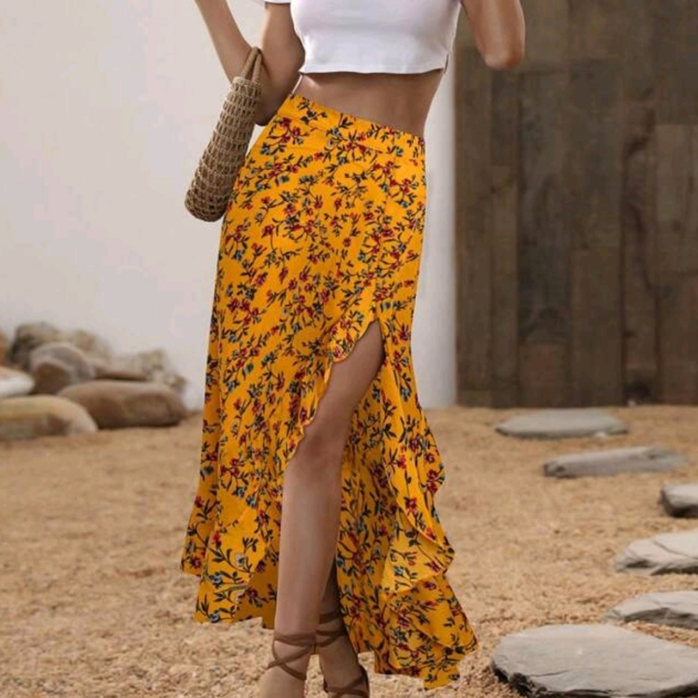 Floral Print Ruffle Trim Asymmetrical Hem Skirt,Ladies Boho Ruffle - Picture 2 of 4